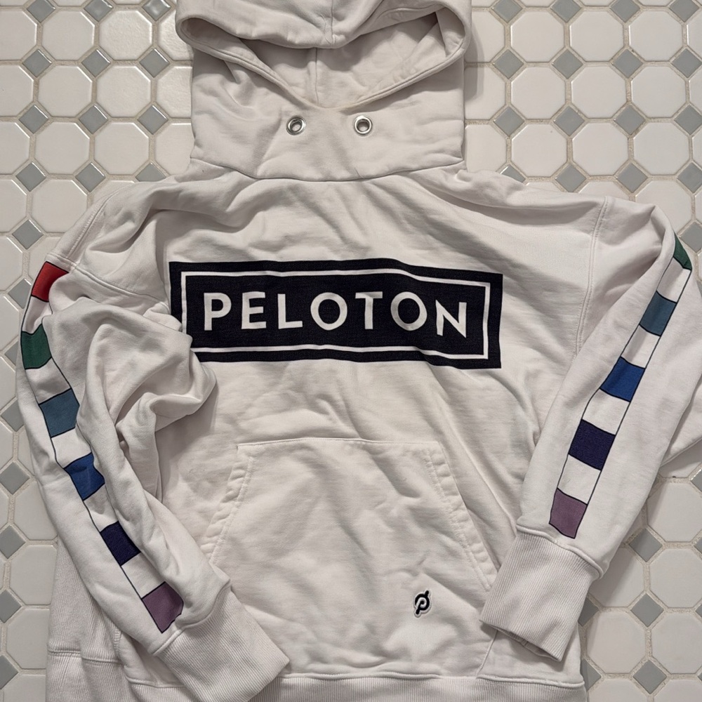 Peloton White Hoodie with Colorful Sleeve Blocks
